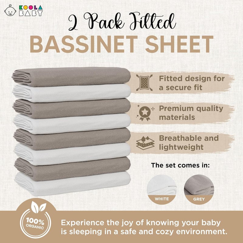 KoolerThings Bassinet Fitted Sheets - Compatible with Halo Bassinest Swivel Sleeper | 100% Organic Jersey Cotton - White + Grey | 30x16 (2 Pack) - Image 3